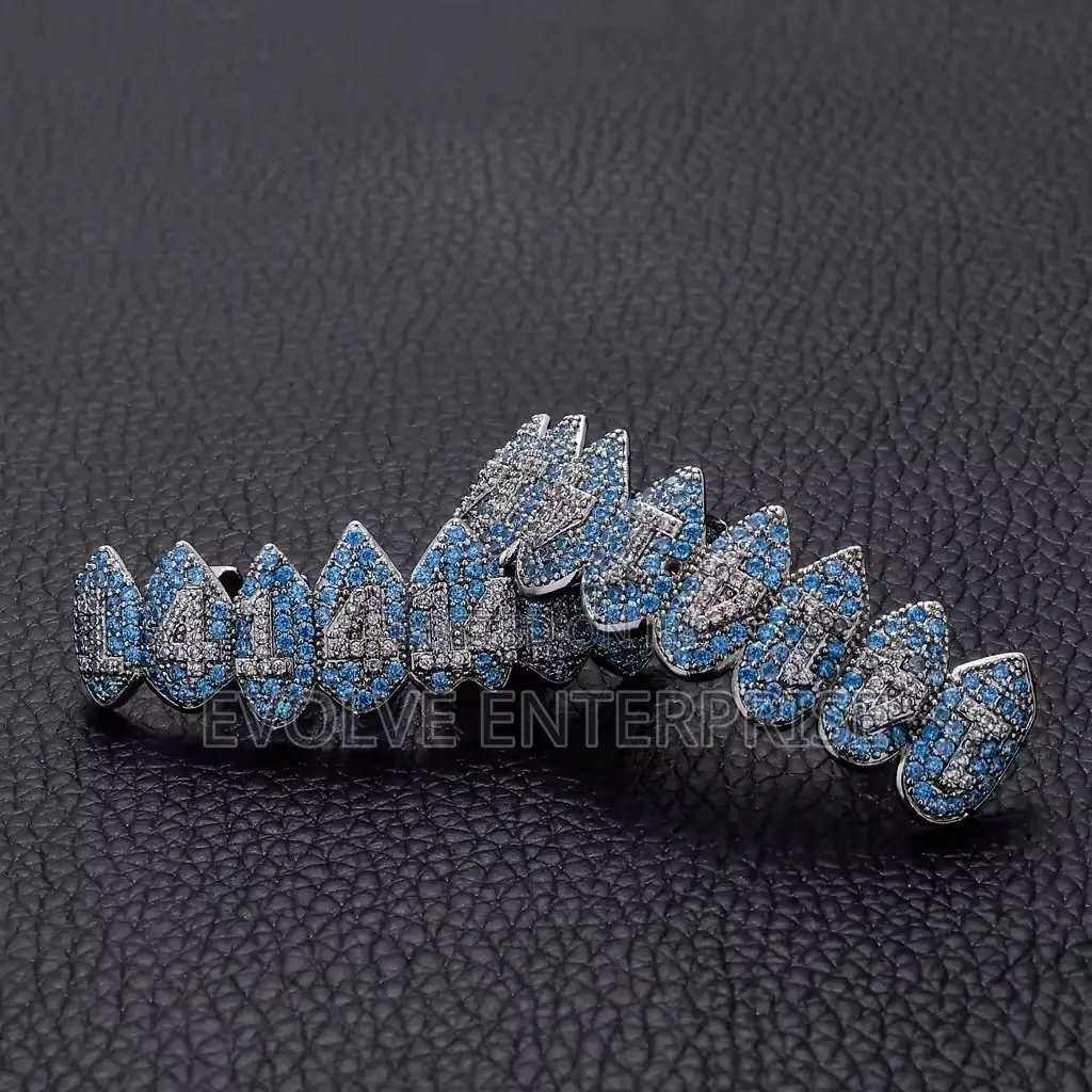 Hip Hop Blue Stones Iced Out Cz Teeth Grillz