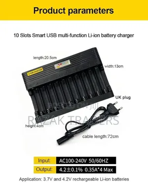 Lithium Ion Battery Charger 10-Slot for 3.7V 18650 Multi