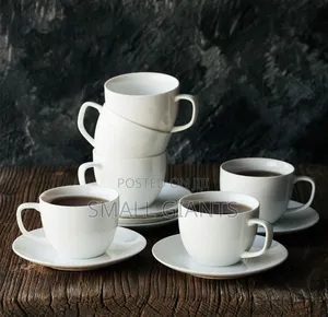Set of Elegant Fine White Porcelain 6 Tea Cups and 6 Saucers