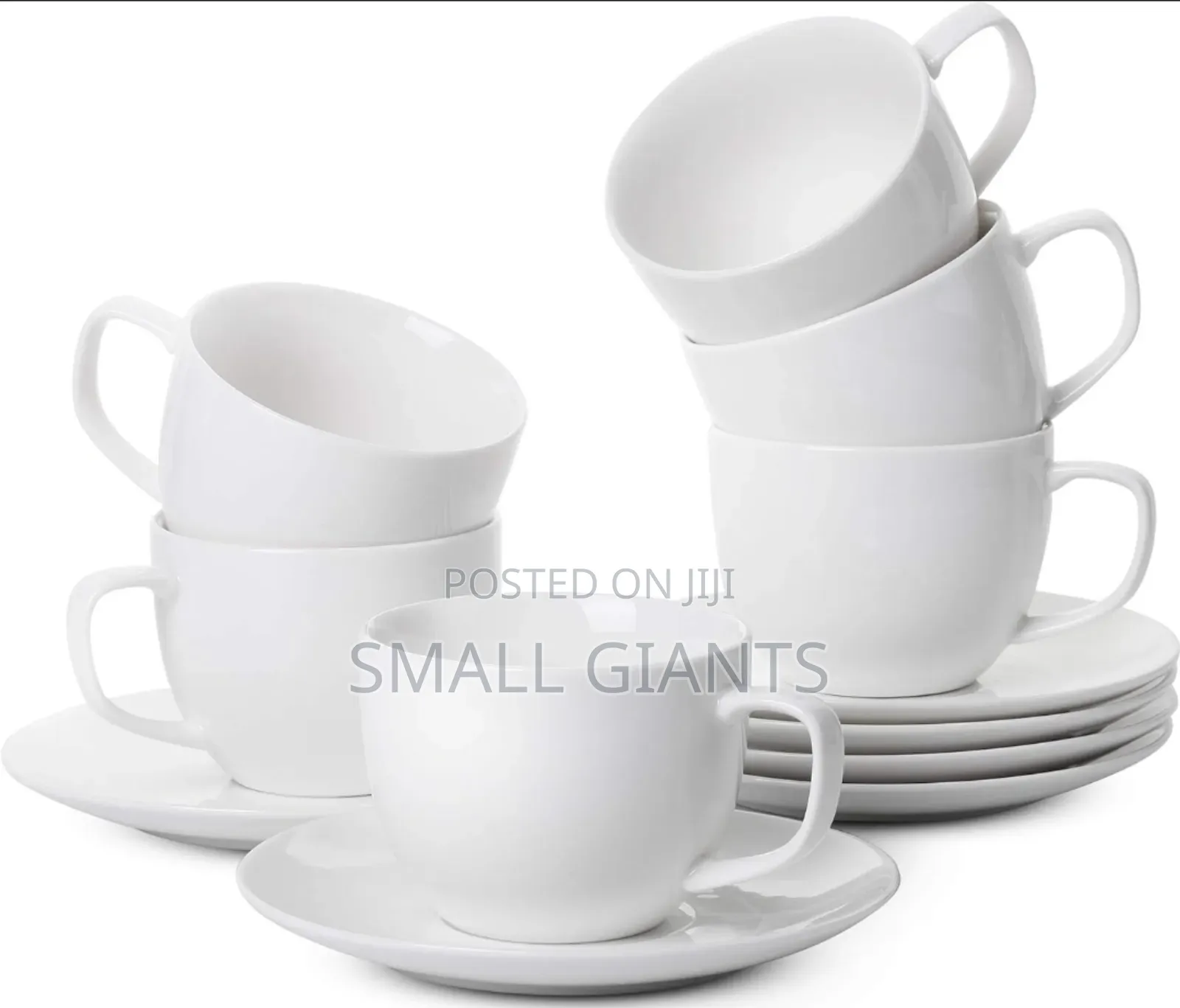 Set of Elegant Fine White Porcelain 6 Tea Cups and 6 Saucers