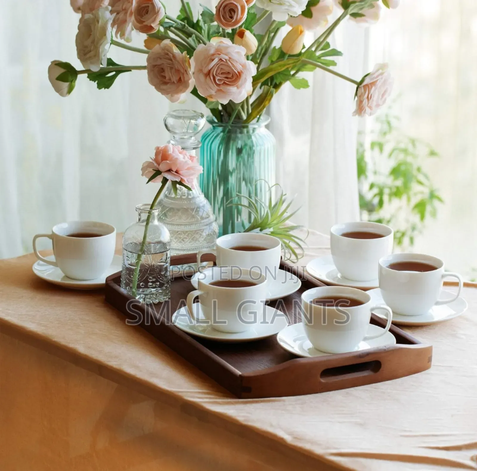 Set of Elegant Fine White Porcelain 6 Tea Cups and 6 Saucers