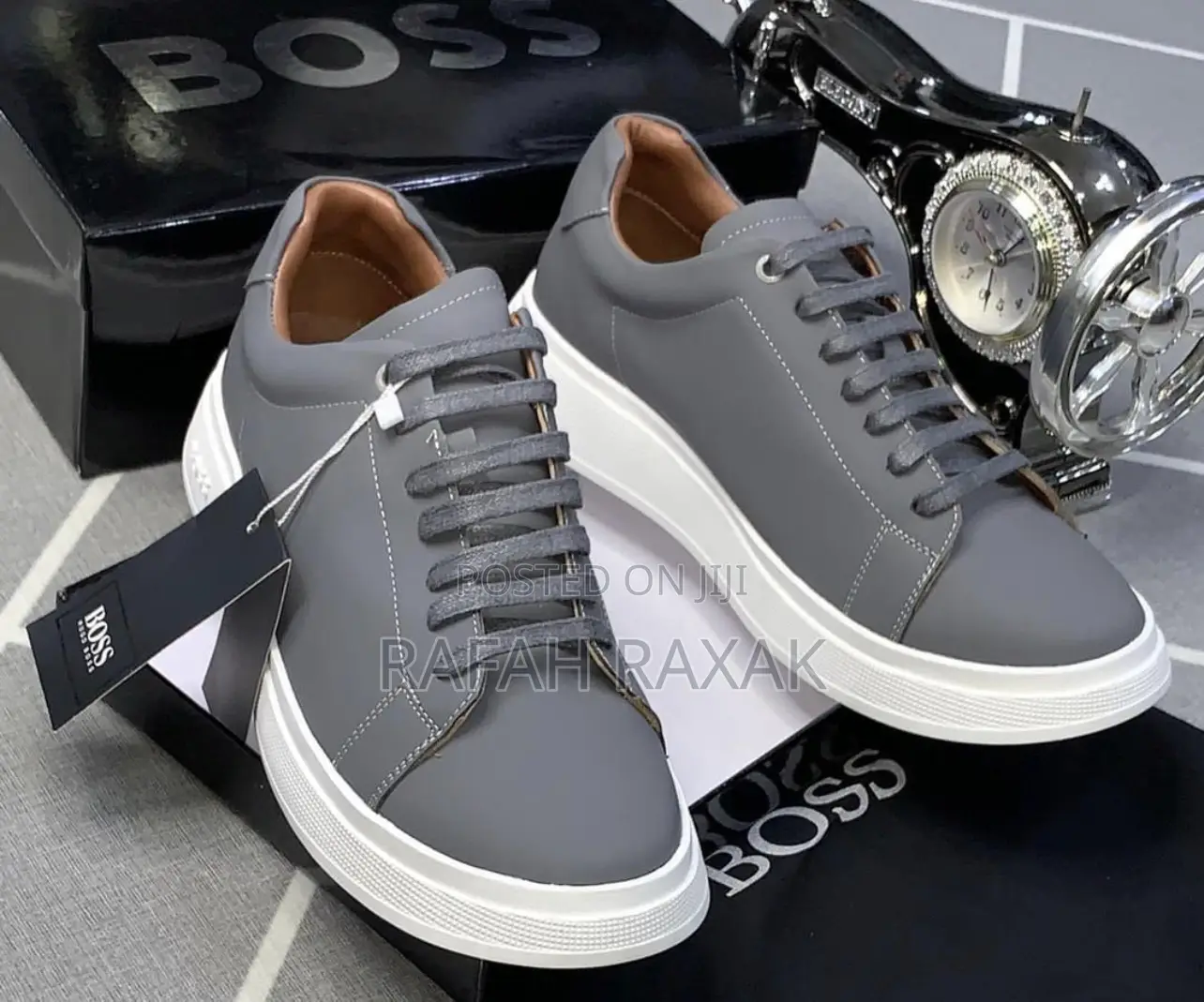 Original Mid Grey Boss Low Top Lace Up Leather Sneakers