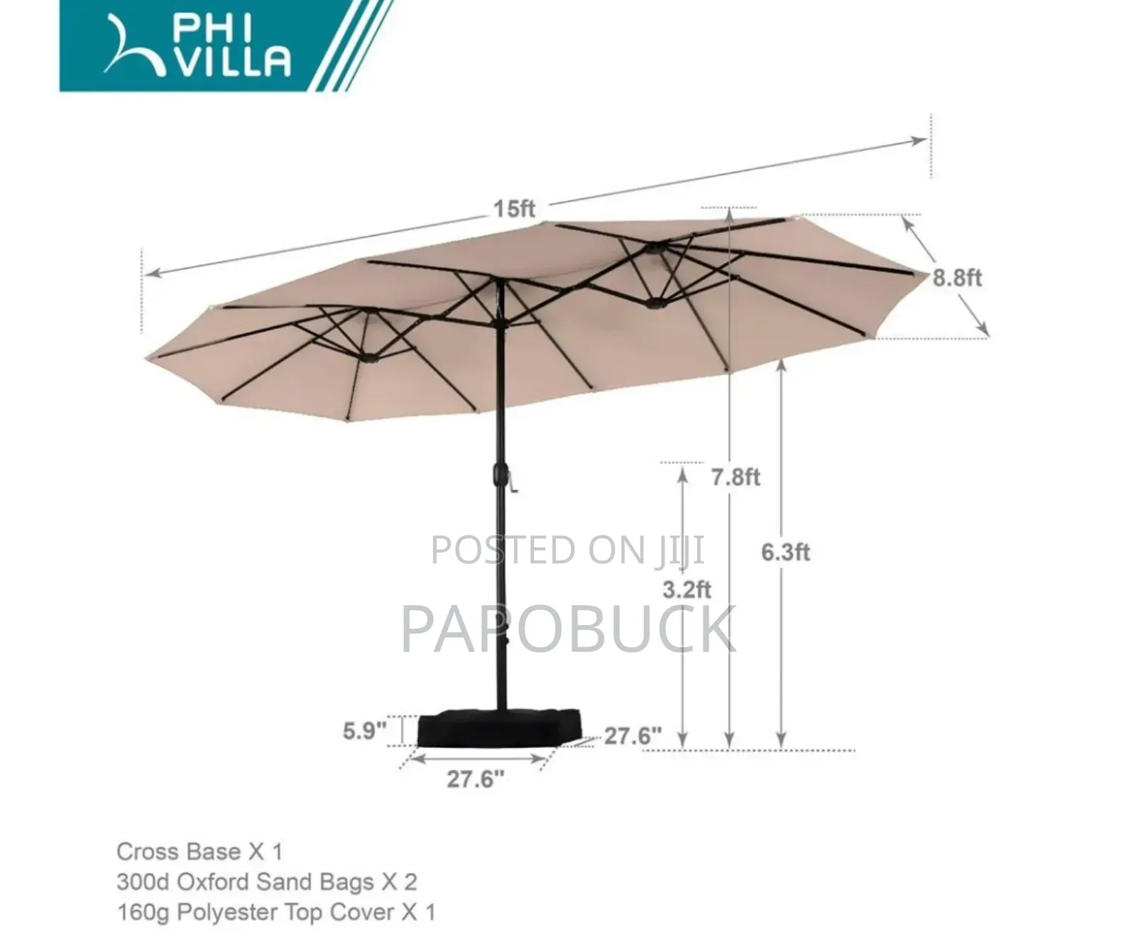 PHI VILLA 15ft Large Patio Umbrella With Base