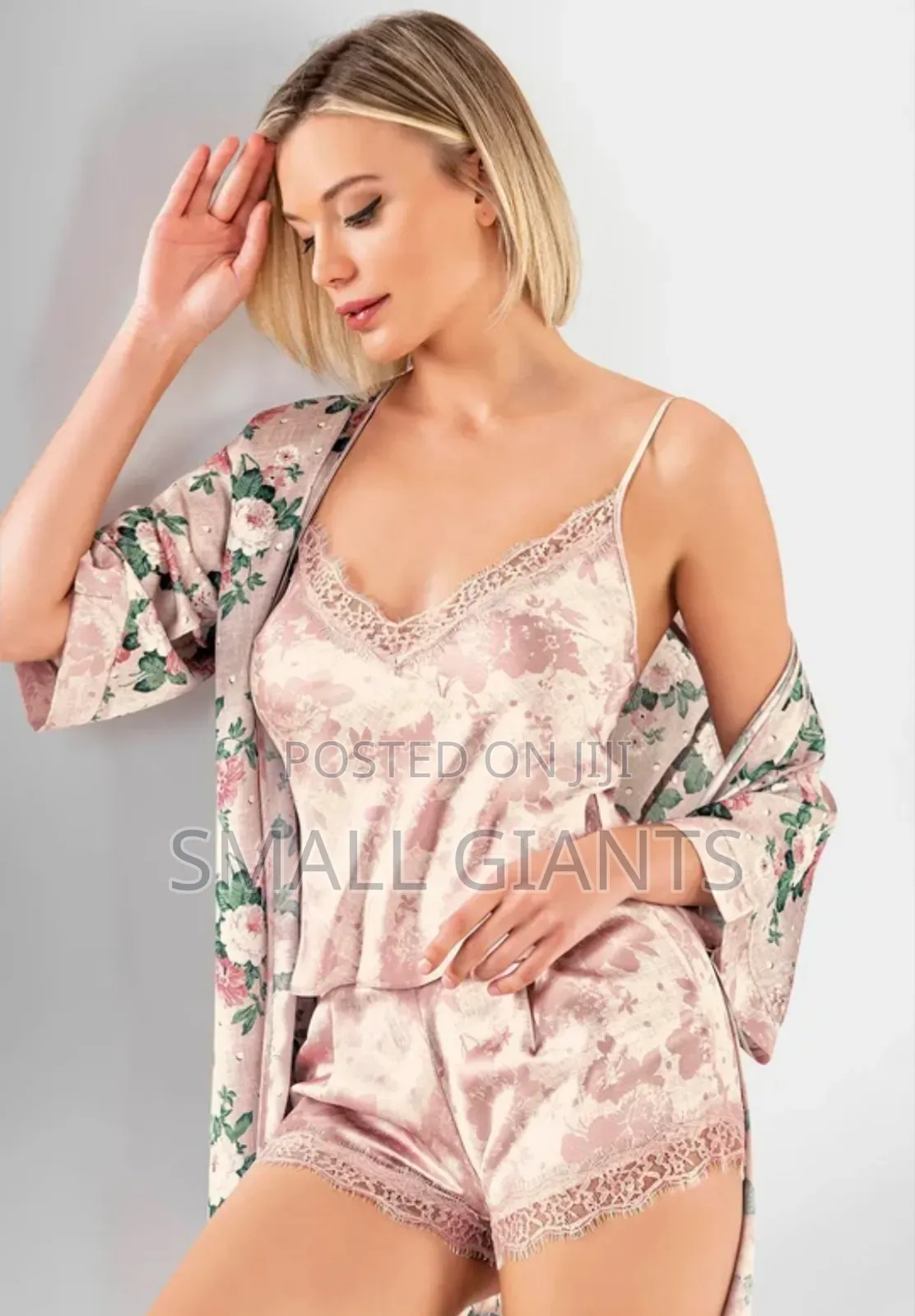 3-Piece Floral Print Satin and Lace Pajama Set