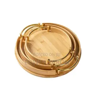 3pcs Round Bsmboo Tray Set With Gold Handles