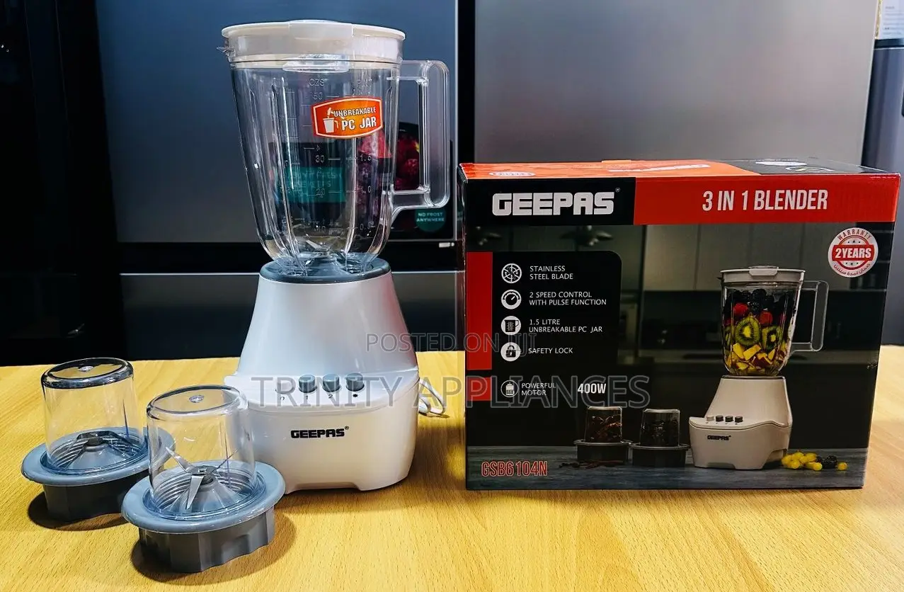 Geepas 3 in 1 Blender 1.5 Litres Unbreakable Jar GSB6104N
