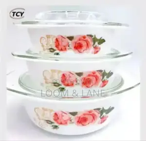 3pcs Floral Serving Dishes Set With Glass Lids