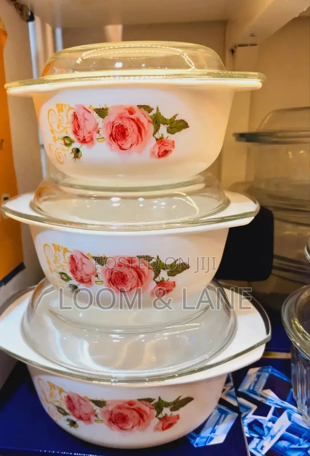 3pcs Floral Serving Dishes Set With Glass Lids