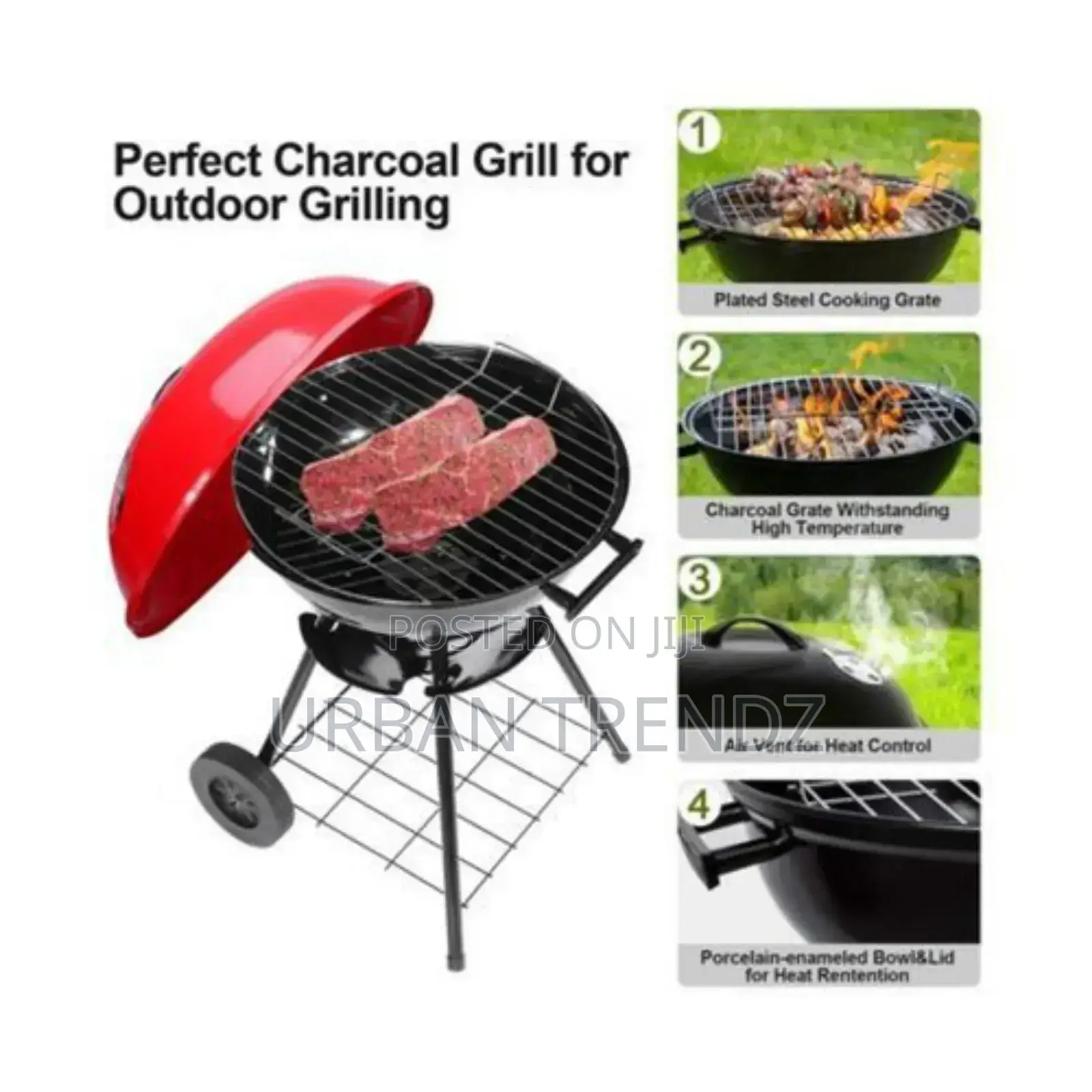 Portable Metal Kettle Trolley Barbecue Wood Charcoal Grill