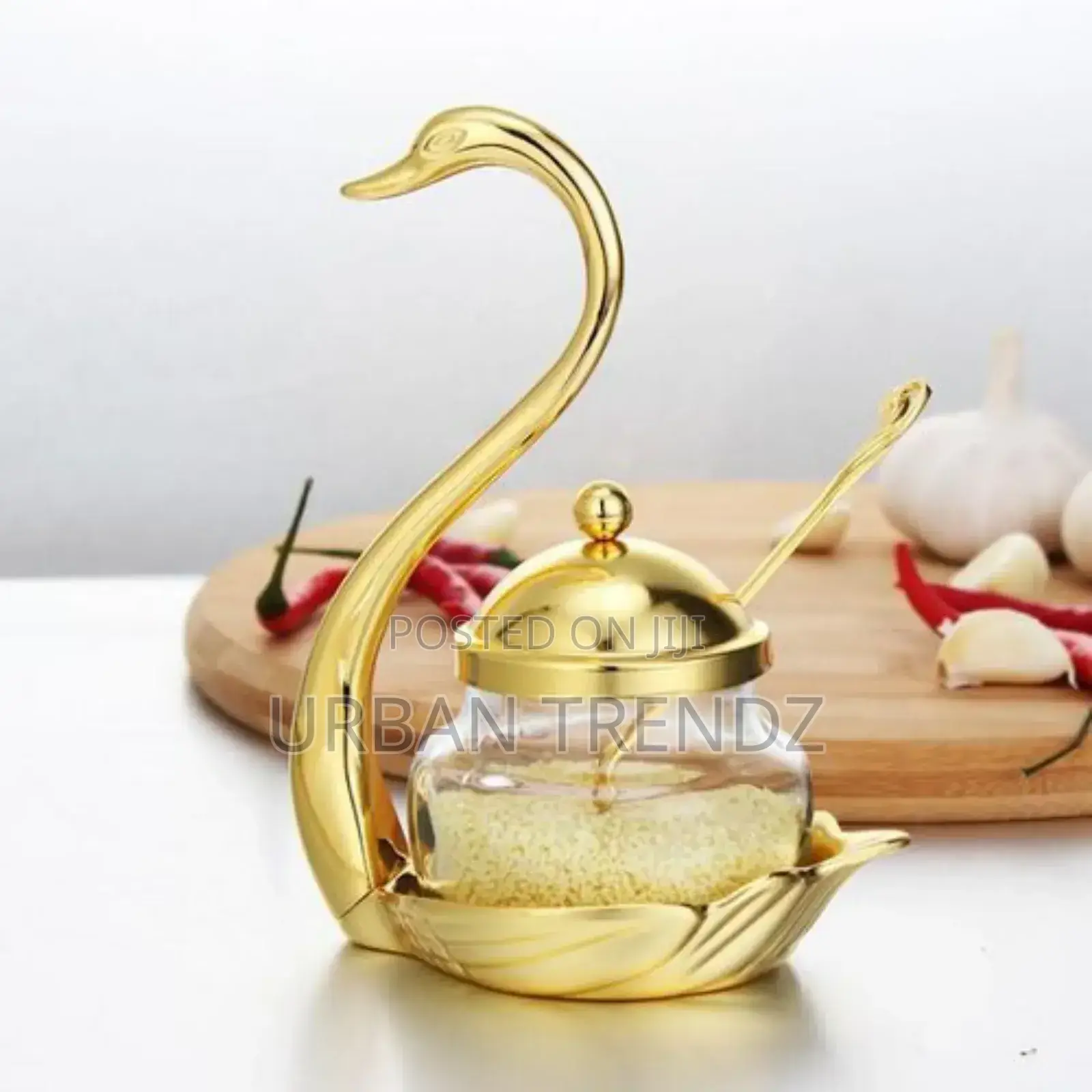 Swan Sugar Bowl /Salt Glass Jar With Serving Spoon - Gold