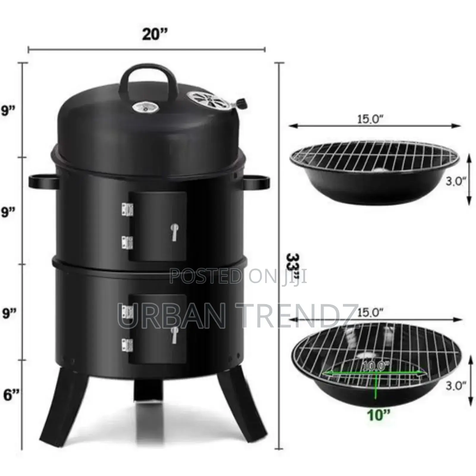 3-in-1 Charcoal Grill BBQ Smoker Barbecue Stove Oven