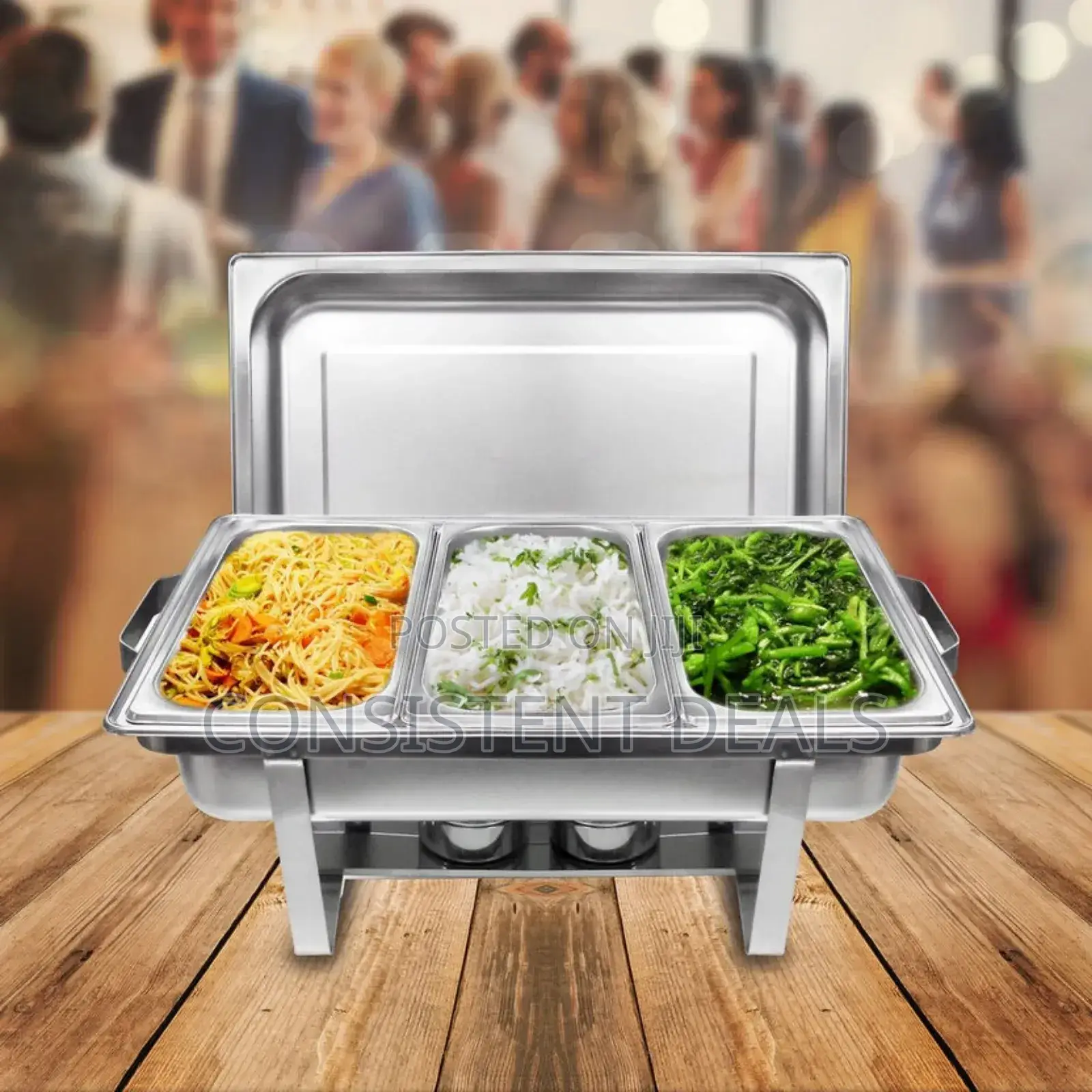 Triple 3 Compartment Chatting Dish Food Warmer- Silver