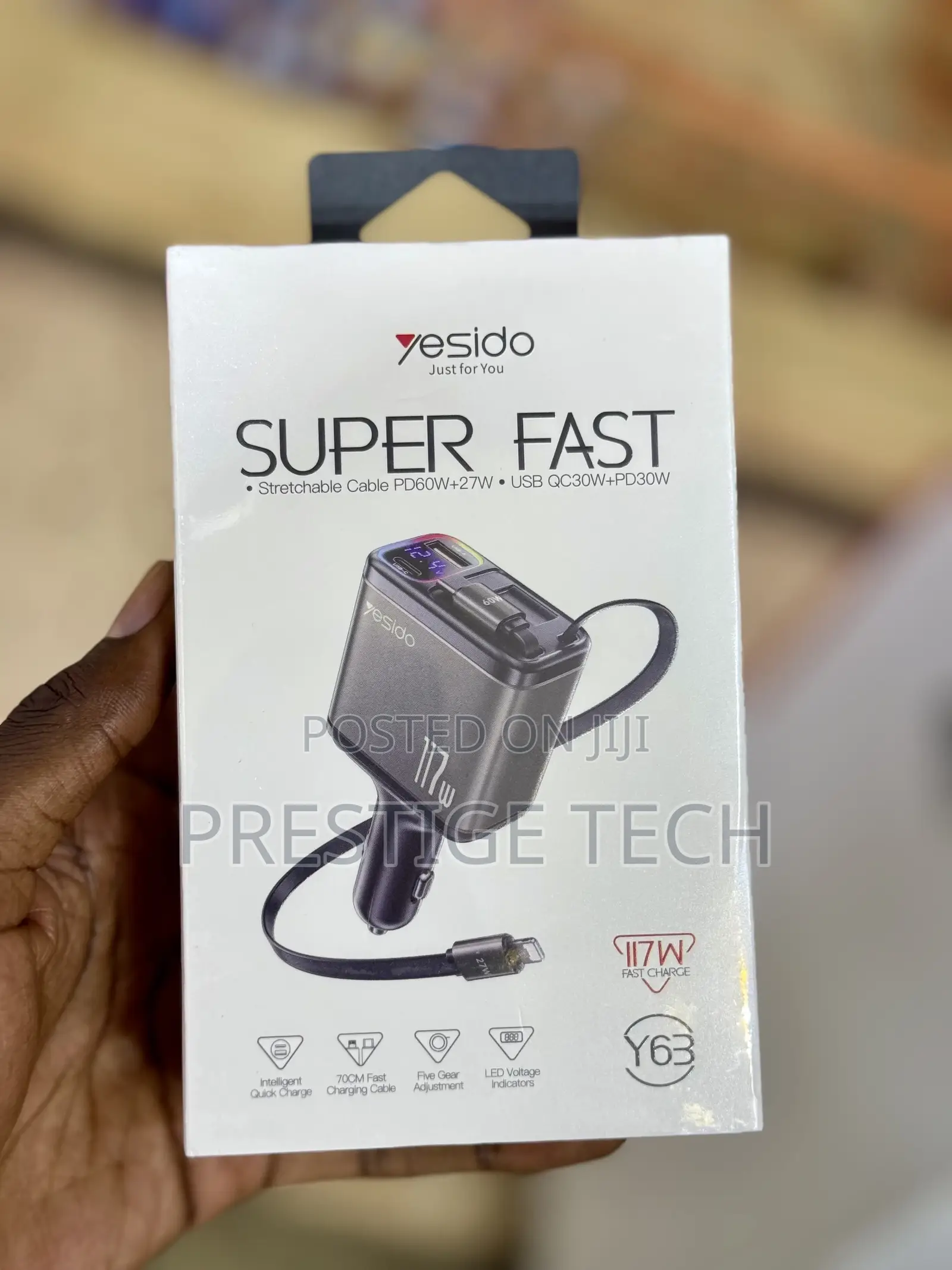 Yesido Super Fast Car Charger With Inbuilt Cables 117W