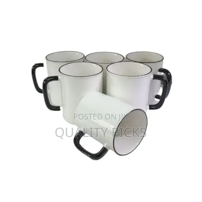 6 Pieces of Black Handle Coffee Tea Cups Mugs- White