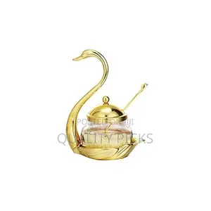 Swan Sugar Bowl /Salt Glass Jar With Serving Spoon - Gold