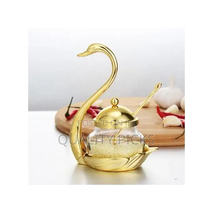 Swan Sugar Bowl /Salt Glass Jar With Serving Spoon - Gold