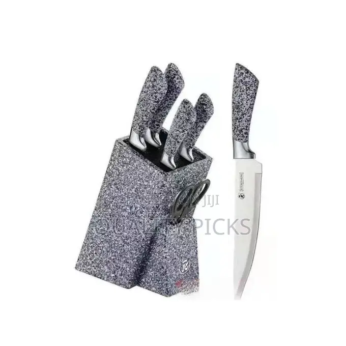 7 Piece Black Dotted Handle Knife Set in Wooden
