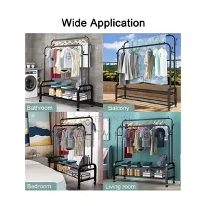 Carbon Steel Double Pole Coat Rack Indoor Bedroom Rail