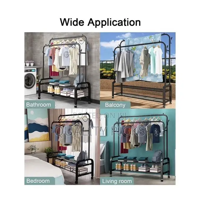 Carbon Steel Double Pole Coat Rack Indoor Bedroom Rail