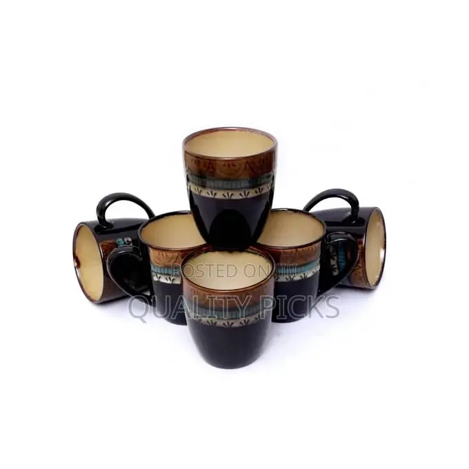 6 Pieces of 2 Brown and Blue Band Coffee Tea Cups Mugs