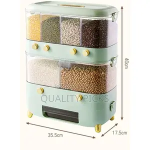 Rice Dispenser With Cup,Wall-Mounted 6 Grid Double Layer