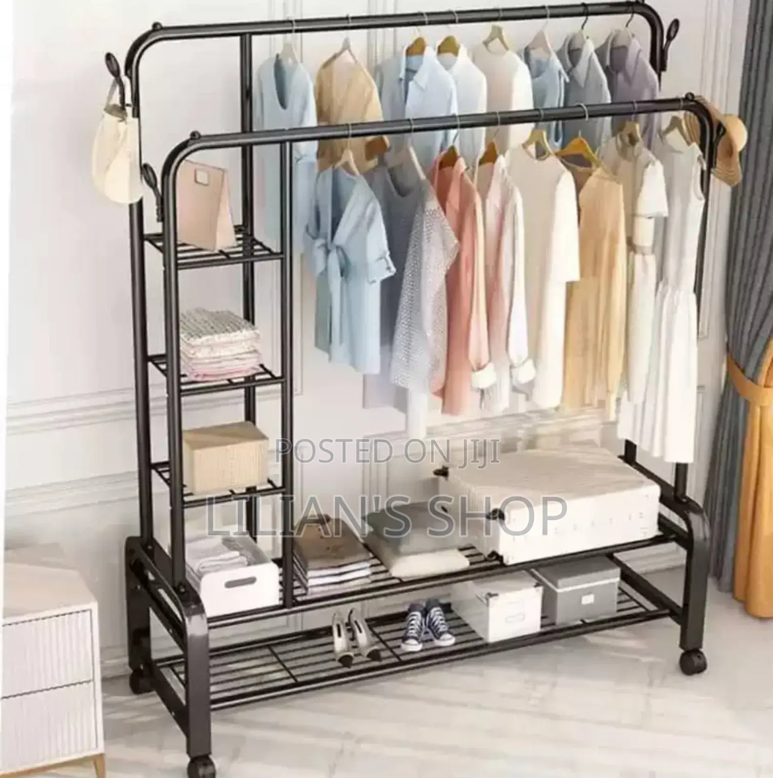 Double Pole Clothes Rack With Wheels -Black