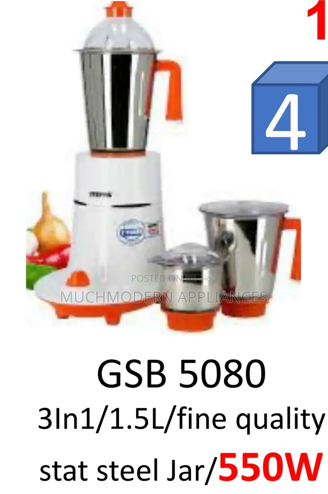 Geepas Blender GSB 5080
3in1/1.5l/Fine
Stat Steel Jar/550w