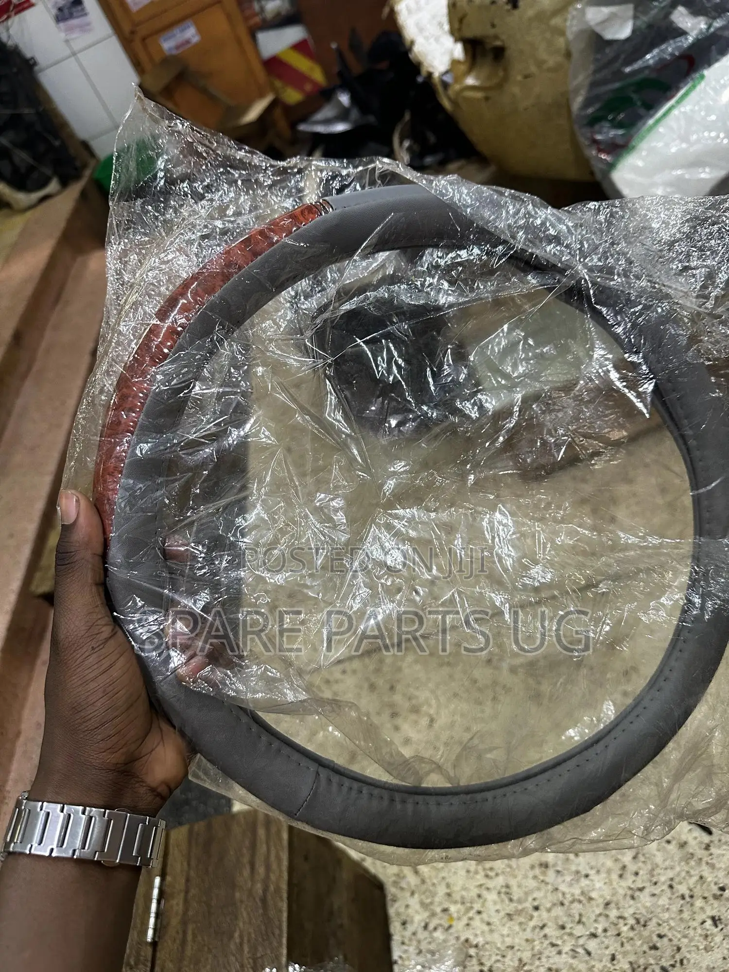 Grey Leather Woody Steering Wheel Cover