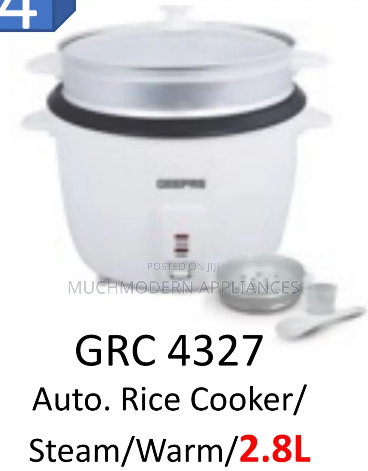 Geepas GRC 4327
Auto. Rice Cooker/ 
Steam/Warm/2.8l