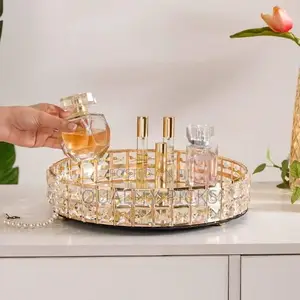 Decorative Crystal Mirror Tray Gold Round Mirrorred Plate