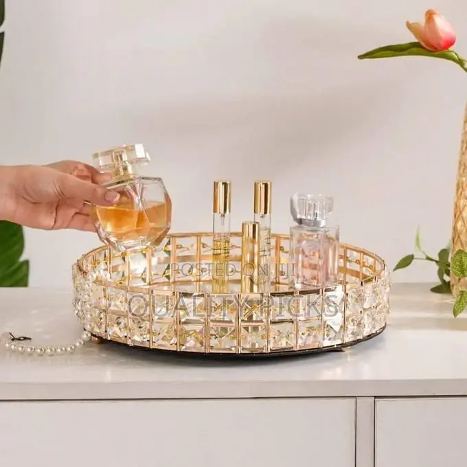 Decorative Crystal Mirror Tray Gold Round Mirrorred Plate