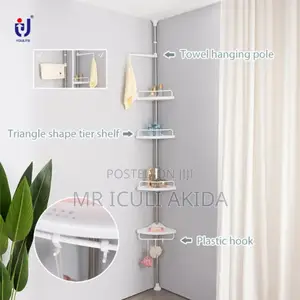 Bathroom Triangle Corner Shelf Organiser WTH Towel Hang Pole