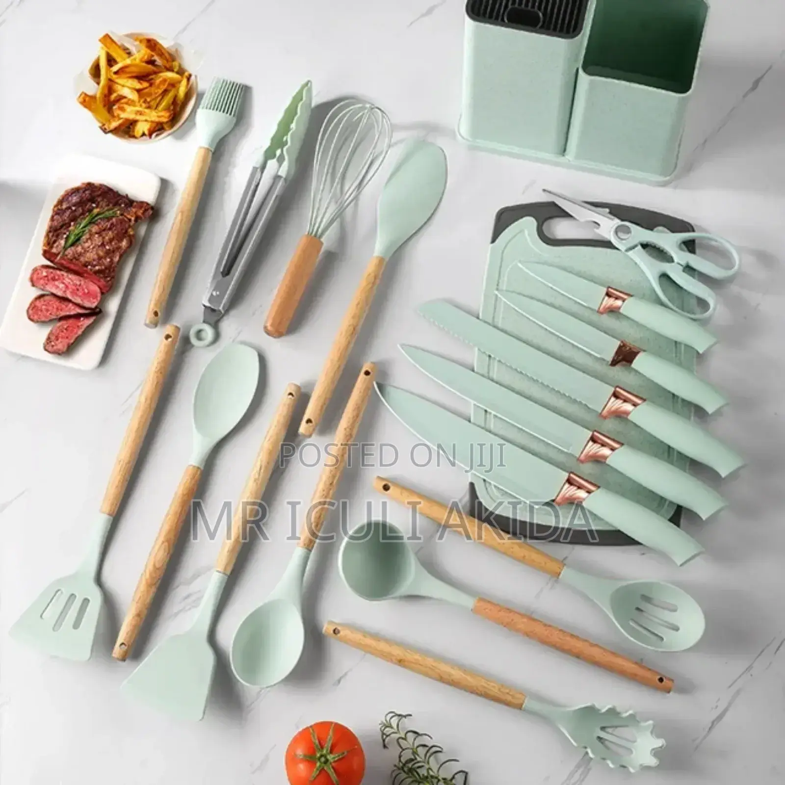 19pc Silicone Kitchen Set WTH Wooden Handle Chopping Board