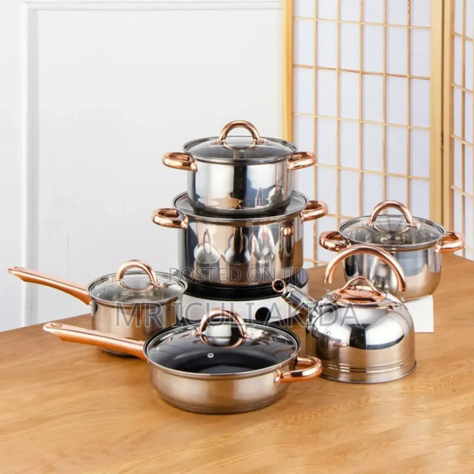 12pc Stainles Steel Casserole Rose Gold Pans WTH Frying Pan
