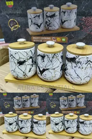 Set of 3 Marble Canisters With a Wooden Base 1