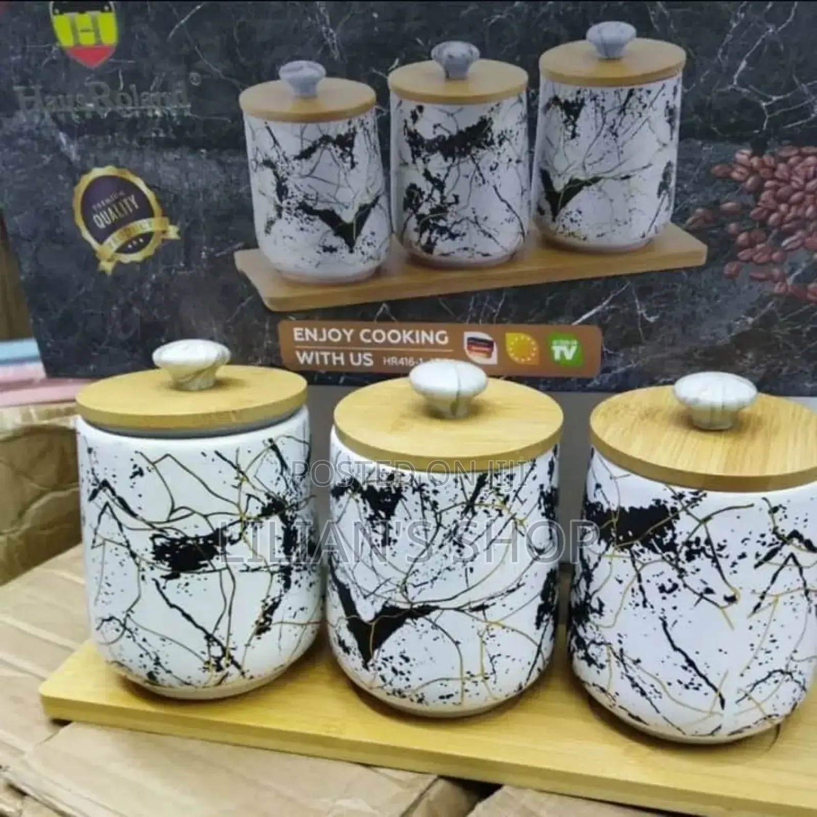 Wooden Base Marble Canister Set -3pcs