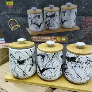 Wooden Base Marble Canister Set -3pcs