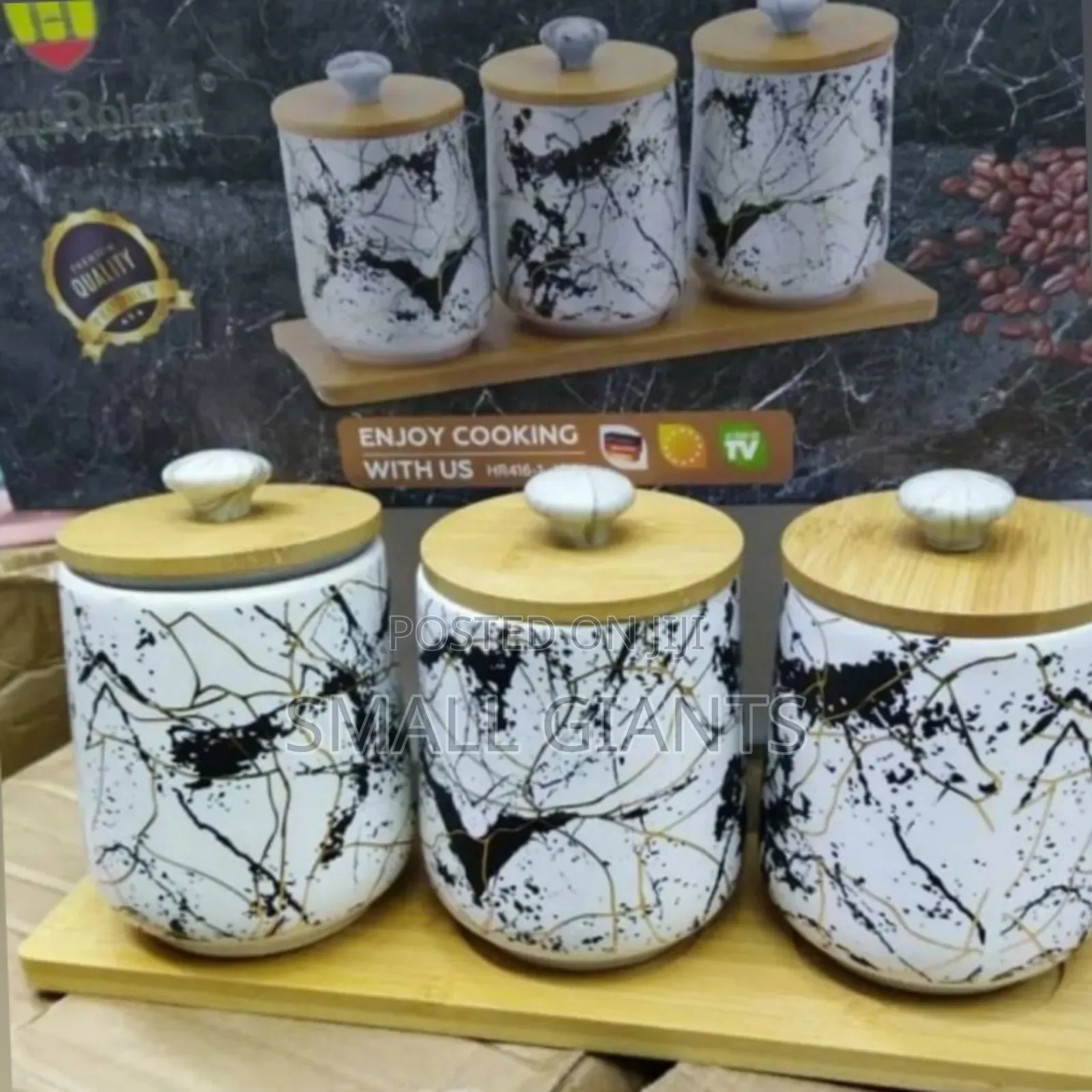 Set of 3 Marble Canisters With a Wooden Base