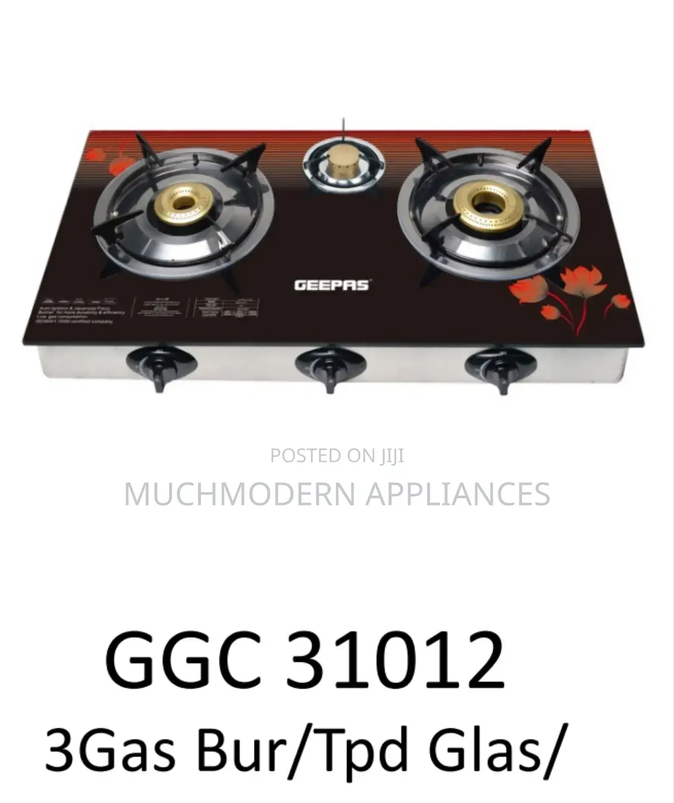 Geepas 3 Gas Burner Stove GGC 31012 3gas Bur/TPD Glas/