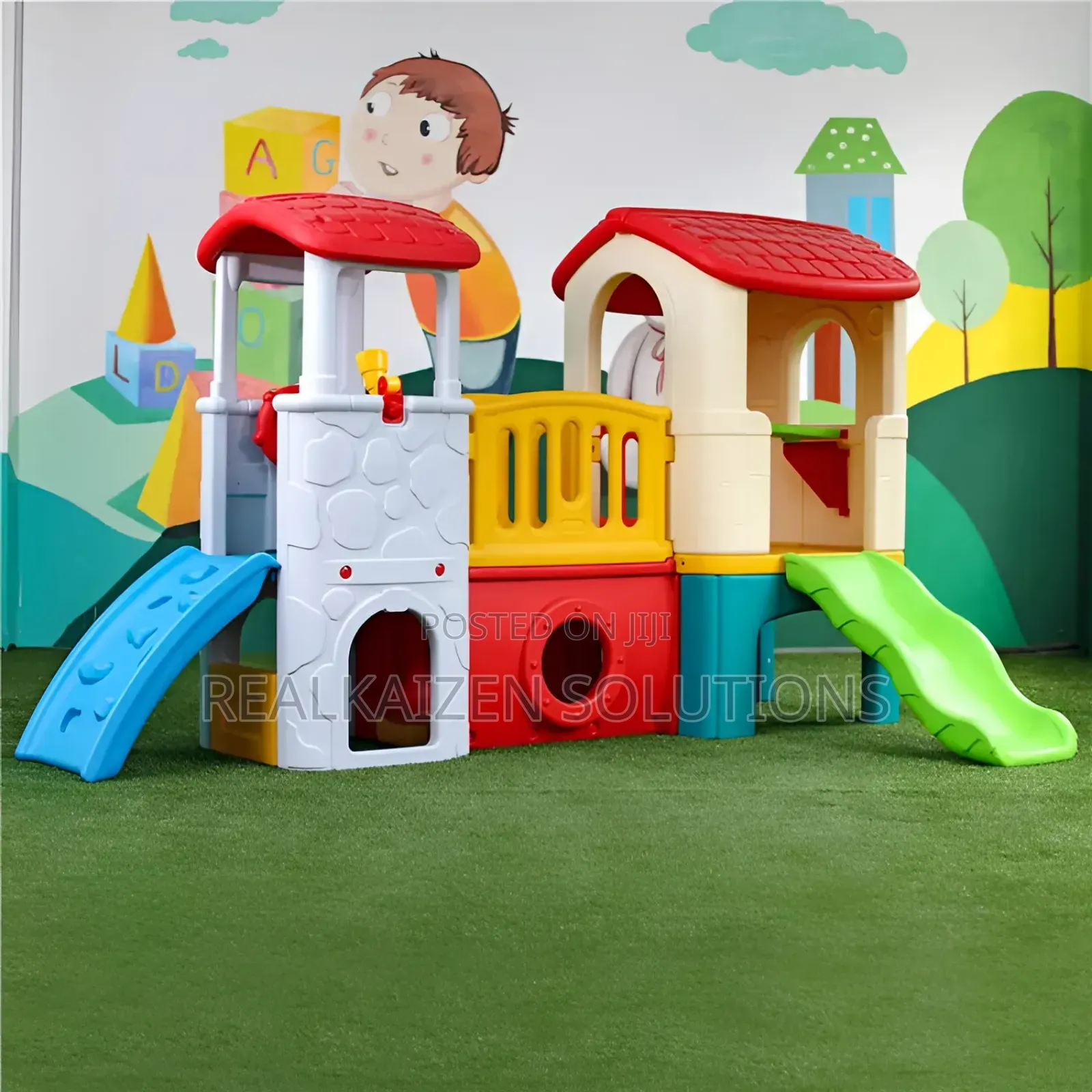 Indoor/Outdoor Multiply Twin Tower Playhouse Set With Slides