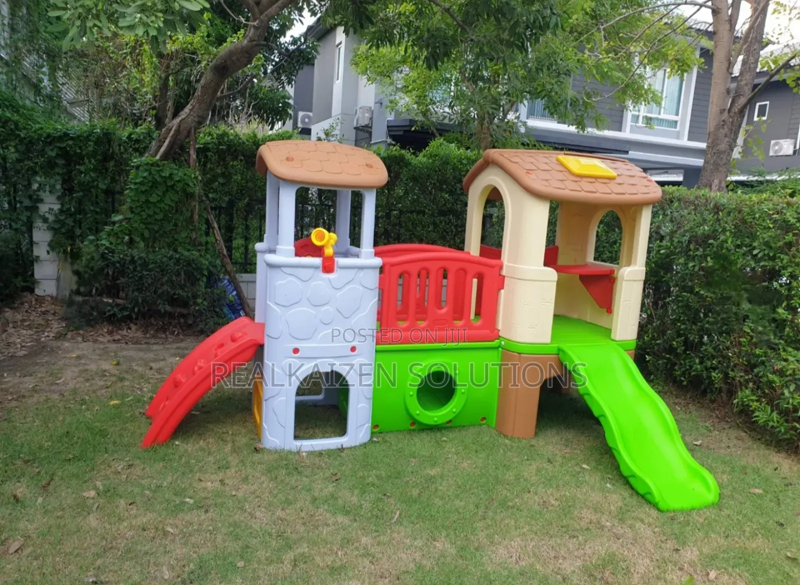 Indoor/Outdoor Multiply Twin Tower Playhouse Set With Slides