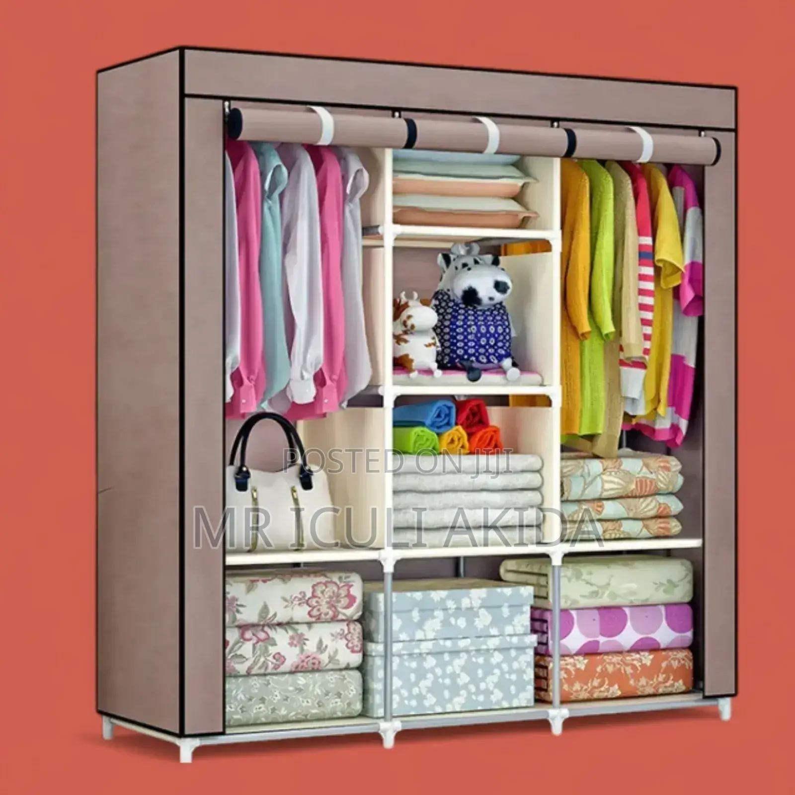 3column Non-Woven Foldng Zip Close Wardrobe WTH Steel Frame