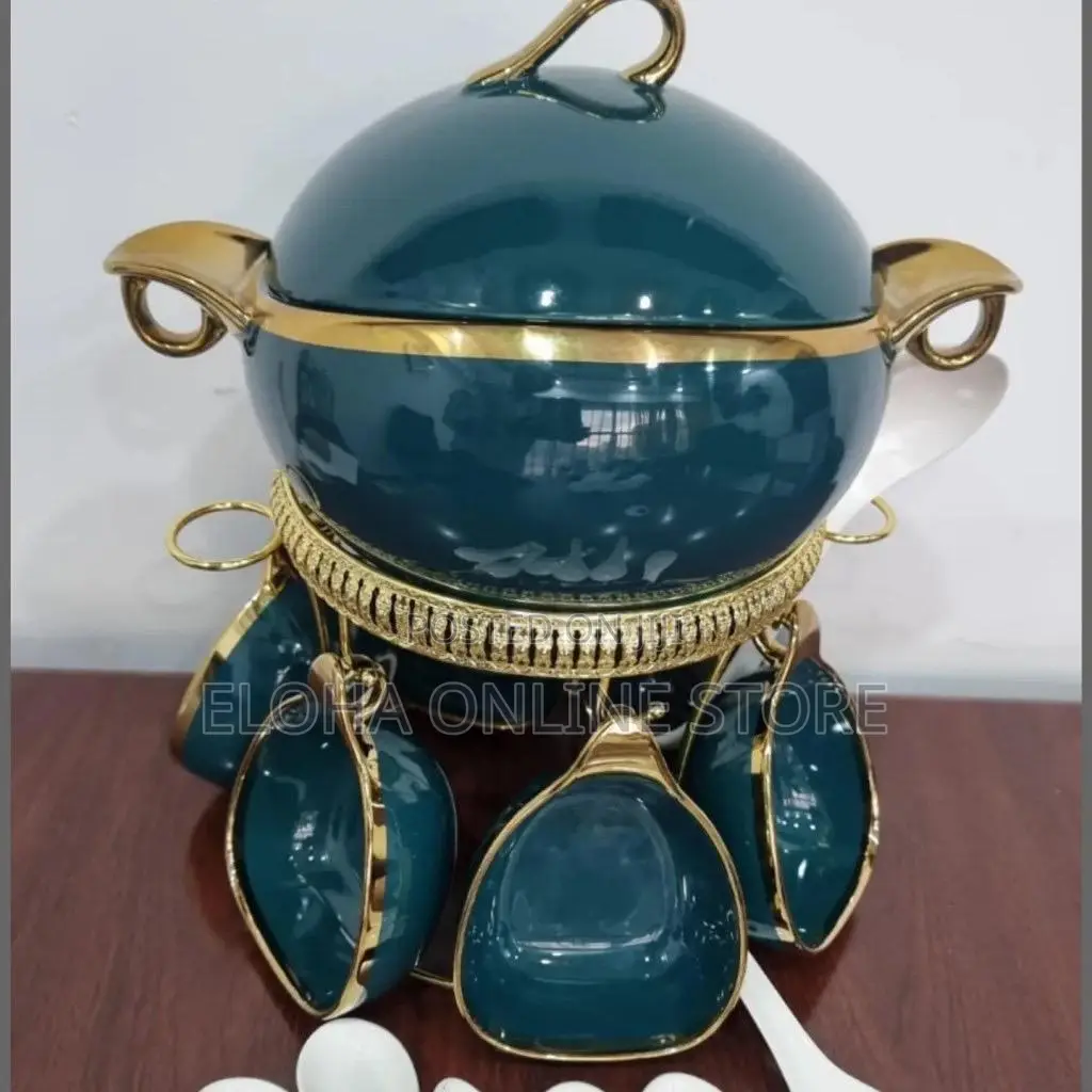 Ceramic Soup Set on Golden Stand