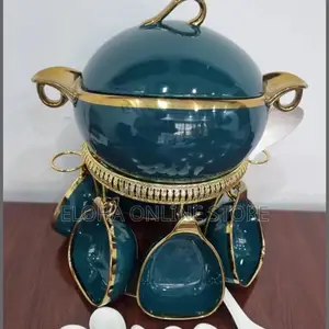 Ceramic Soup Set on Golden Stand