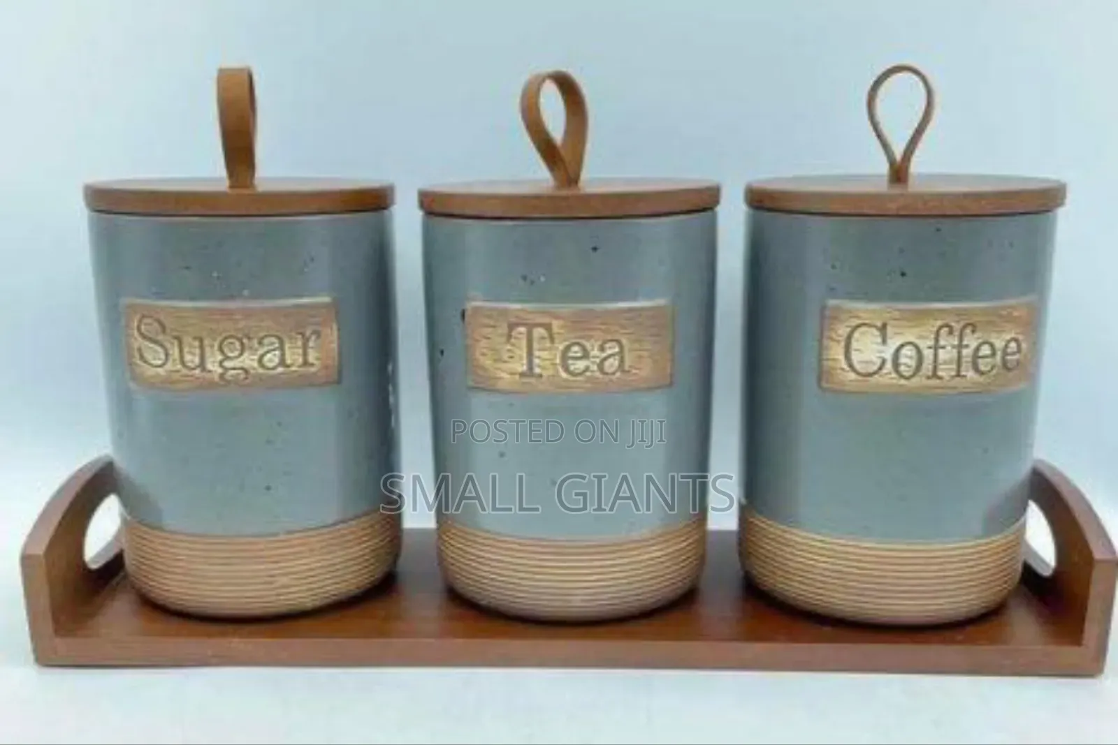 3pcs Ceramic Canisters Sugar Tea Coffee on Bamboo Base Base