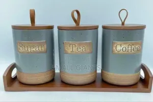 3pcs Ceramic Canisters Sugar Tea Coffee on Bamboo Base Base