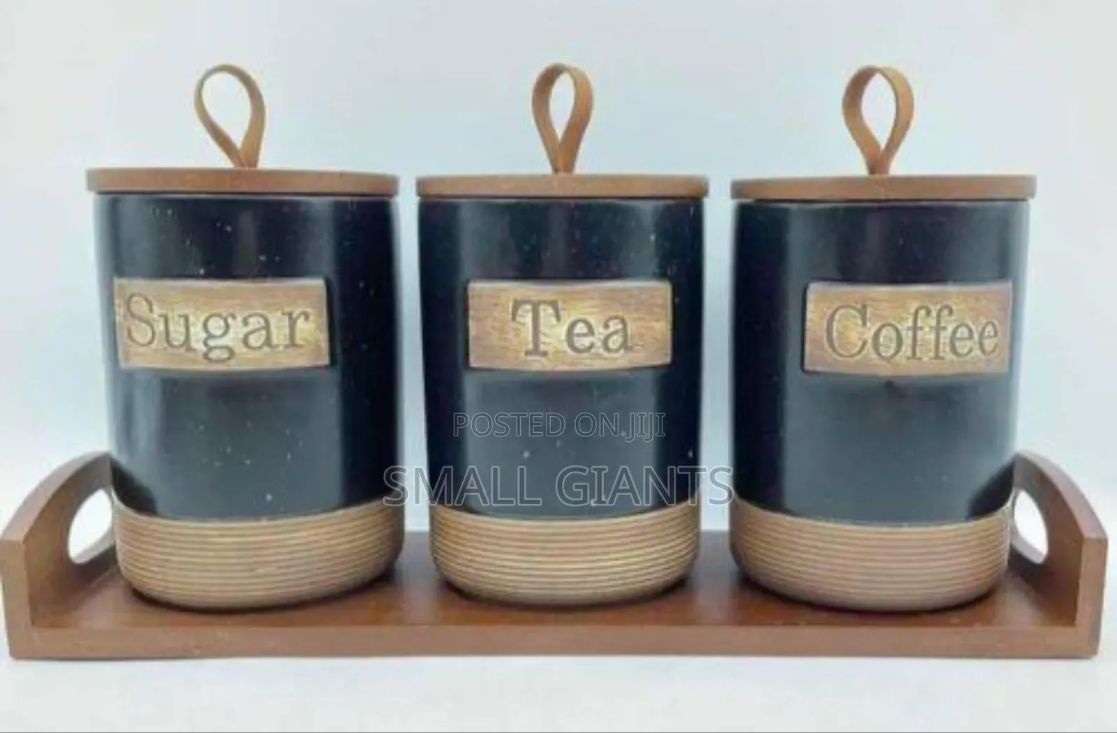 3pcs Ceramic Canisters Sugar Tea Coffee on Bamboo Base Base
