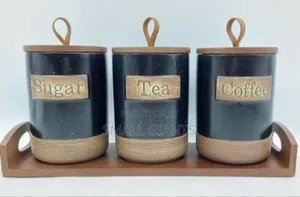 3pcs Ceramic Canisters Sugar Tea Coffee on Bamboo Base Base