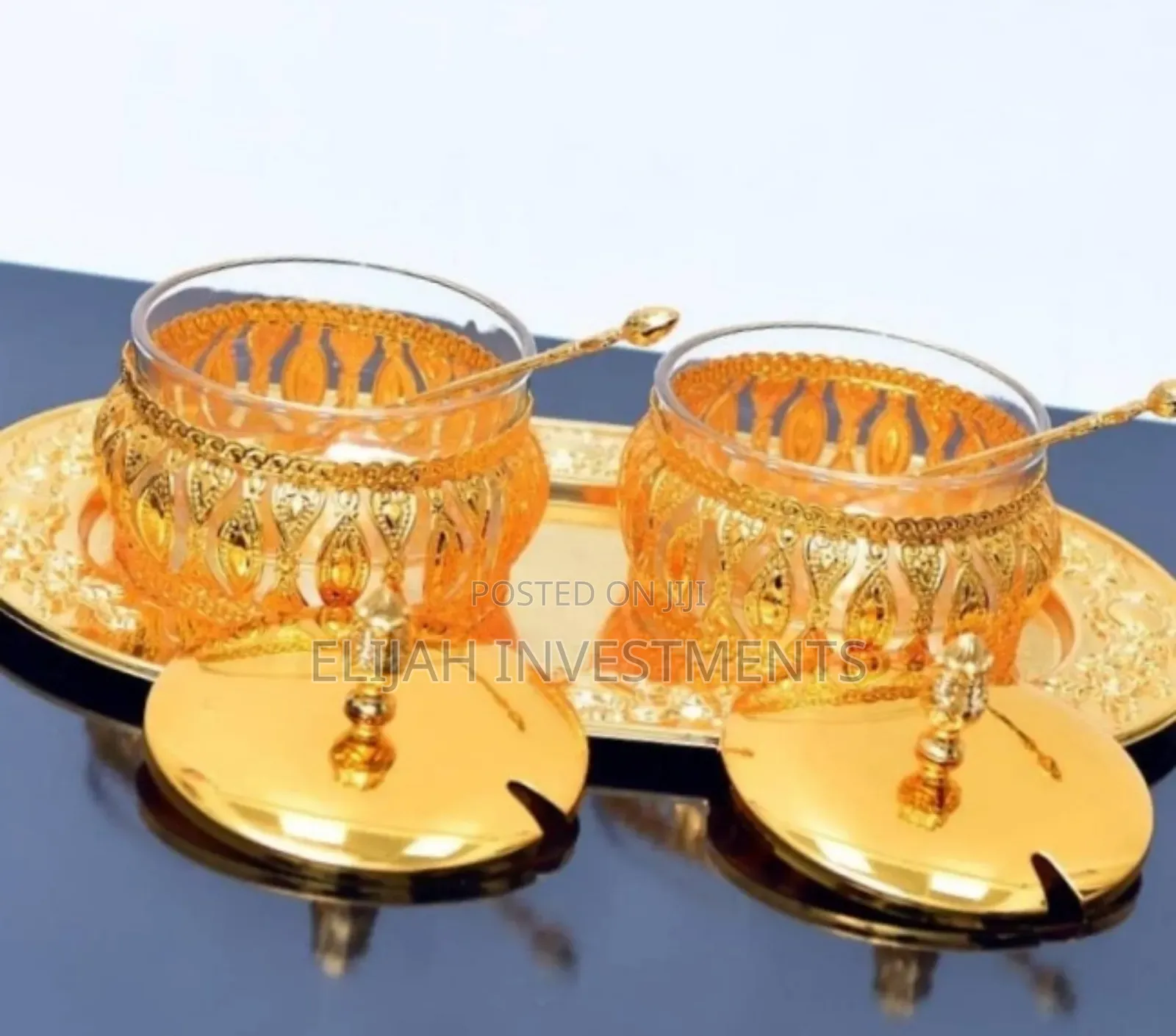 New Sugar Gold Bowls With Spoon and a Tray