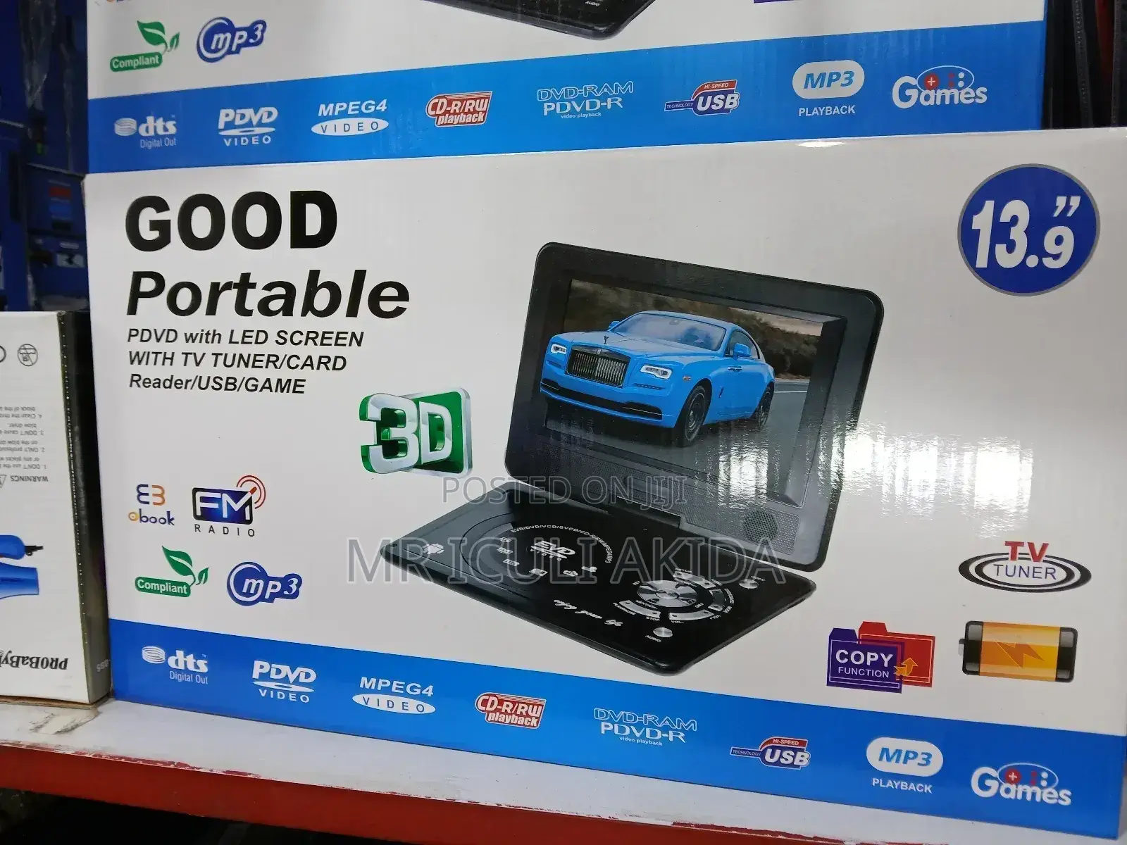 3D 13.9"Portable DVD Led Screen WTH TV Tuner,Card Reader,Usb